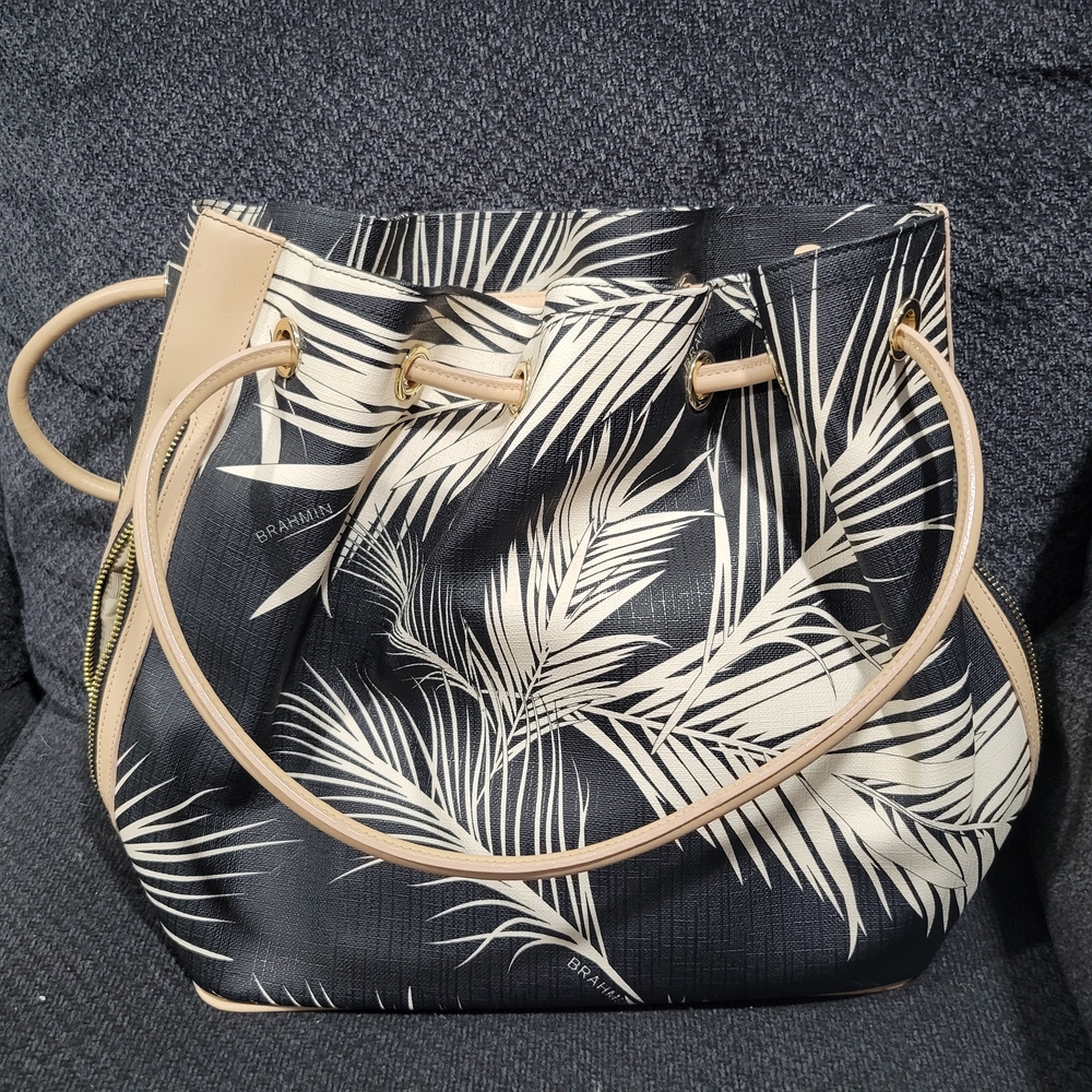 Brahmin Tan and Black Palm Print Shoulder Bag
